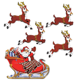 Vintage Christmas Santa Sleigh & Reindeer Cutouts