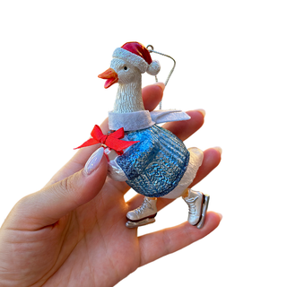 Playful Goose in Skates Glass Christmas Ornament