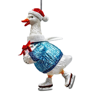 Playful Goose in Skates Glass Christmas Ornament