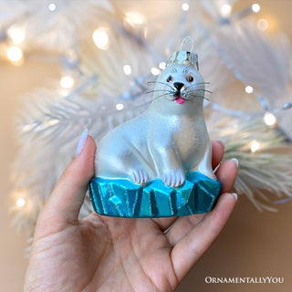 White Seal on a Glacier Glass Christmas Ornament