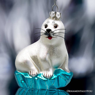 White Seal on a Glacier Glass Christmas Ornament