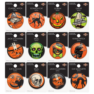 Collection of Twelve (12) Pinback Halloween Buttons, Vintage Style!