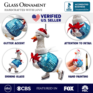 Playful Goose in Skates Glass Christmas Ornament
