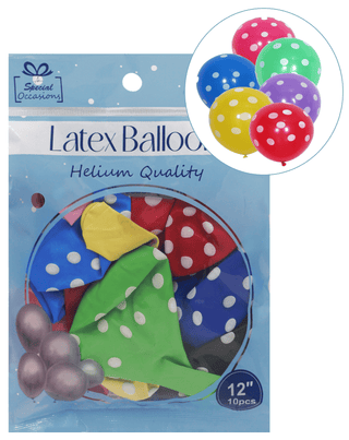 Latex Party Balloon, Polka Dots, Assorted Colors  12in, 10ct