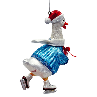 Playful Goose in Skates Glass Christmas Ornament