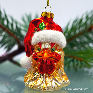 Rooster with Santa Hat Handblown Glass Christmas Ornament