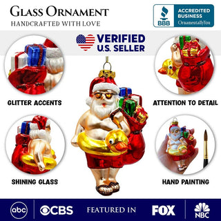 Santa on Summer Vacation Glass Ornament