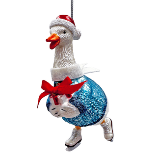 Playful Goose in Skates Glass Christmas Ornament