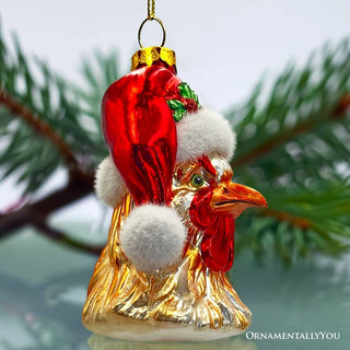 Rooster with Santa Hat Handblown Glass Christmas Ornament
